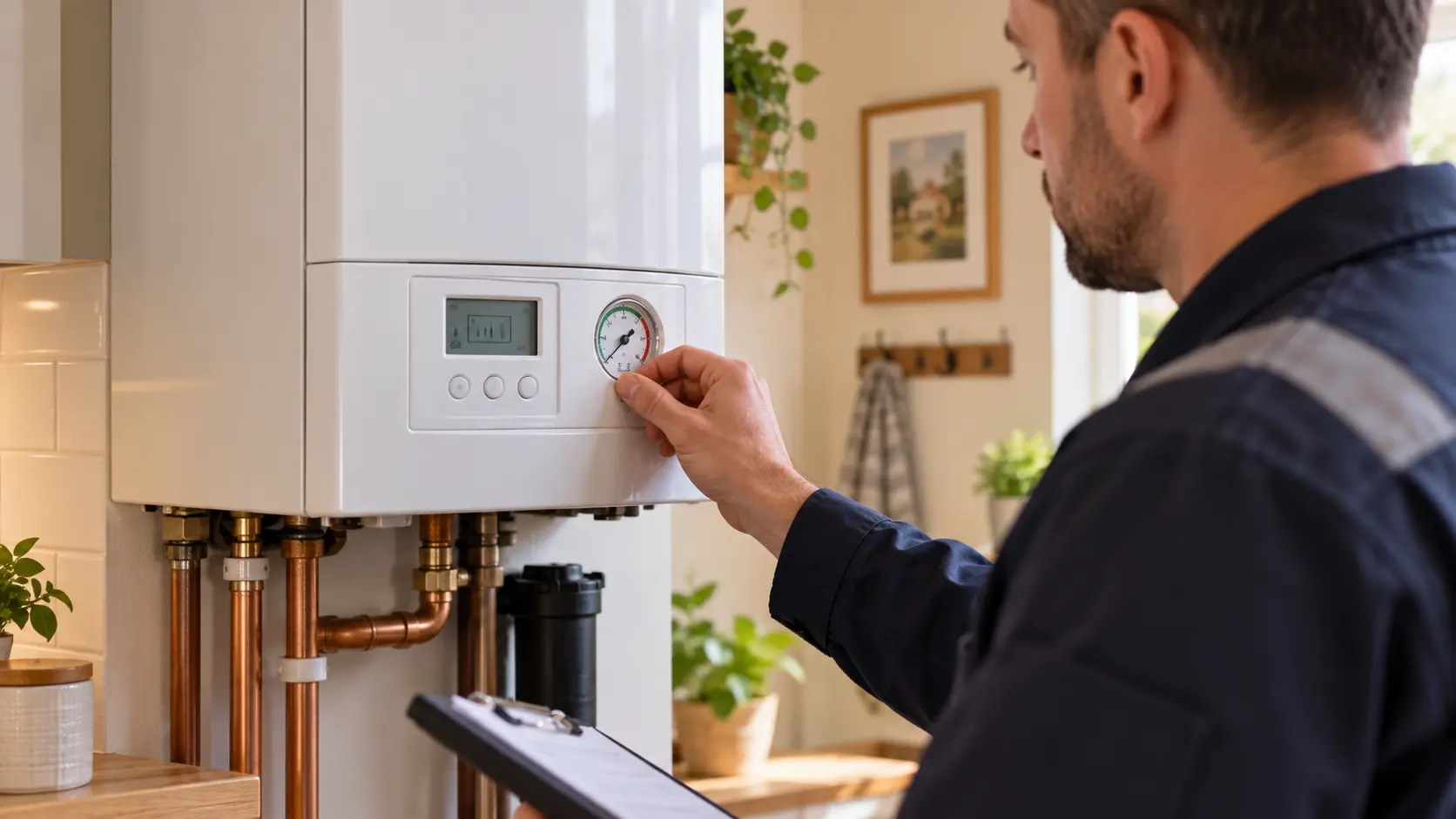 Heating engineer checking a boiler's pressure gauge and display panel during a repair inspection