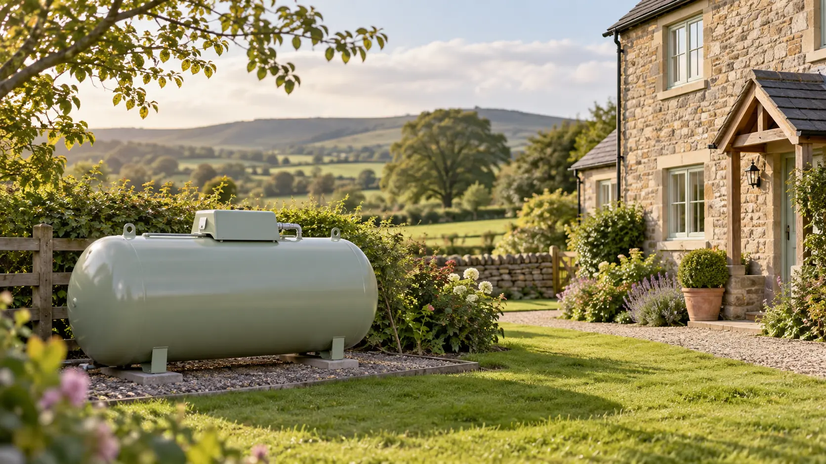 LPG gas tank installed outside a rural home in Durham for off-grid heating
