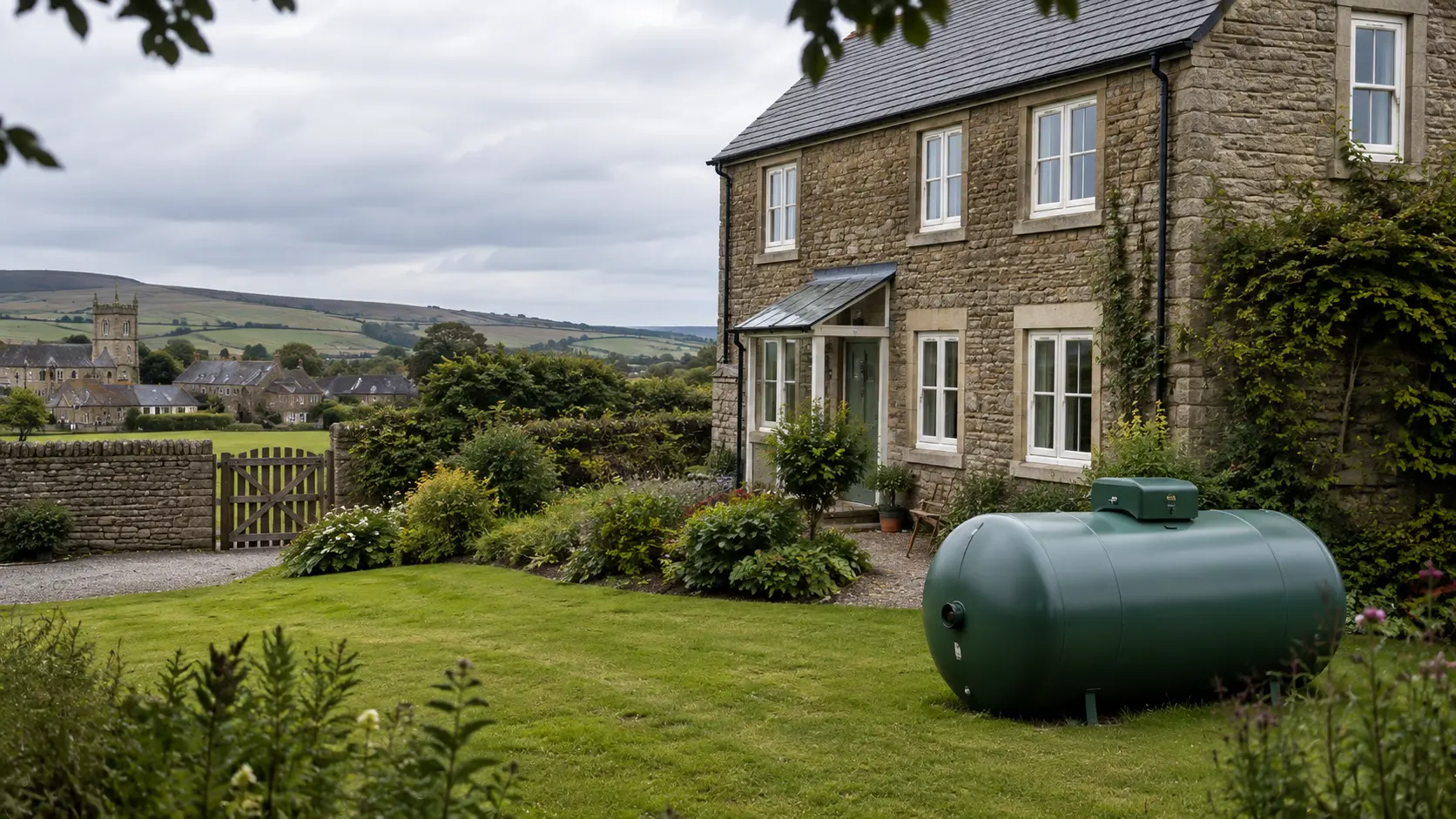 Stone country house with a green LPG storage tank in the garden overlooking rural County Durham