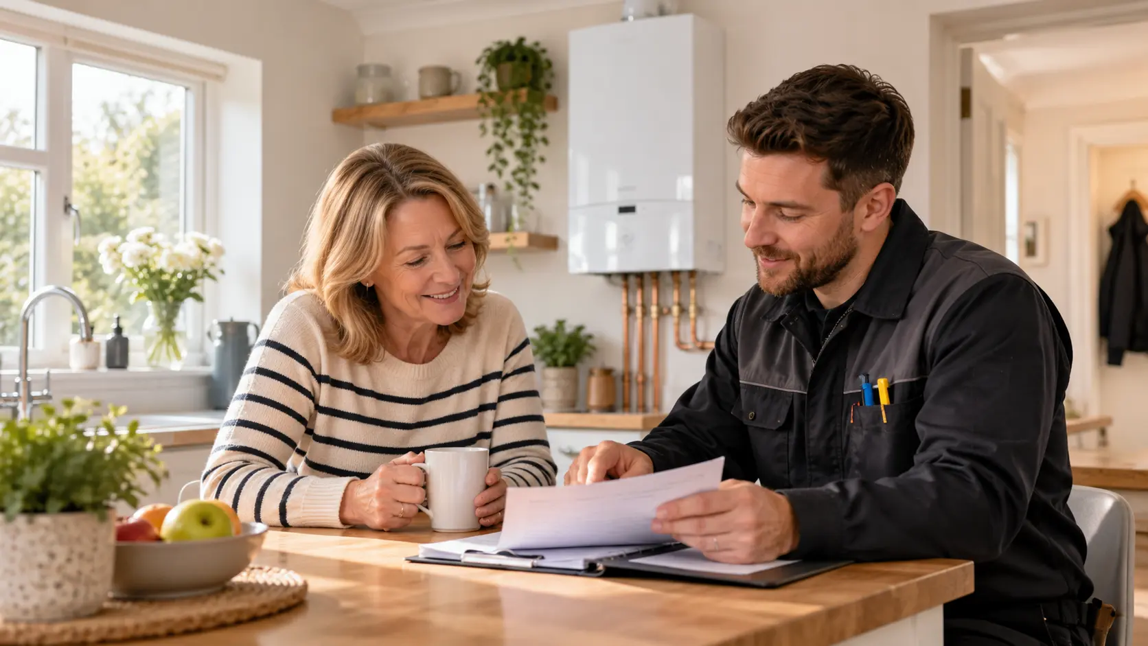Homeowner and heating engineer reviewing a boiler installation quote in a UK kitchen
