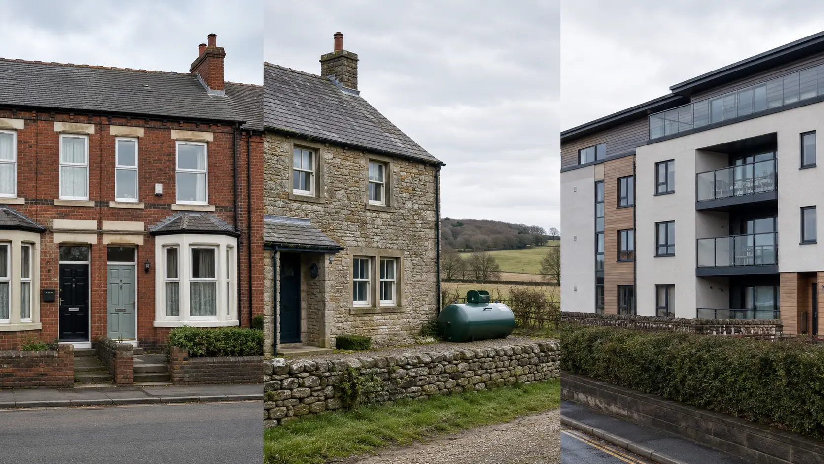 Terraced house, rural stone home with an LPG tank and modern apartment building in North East England