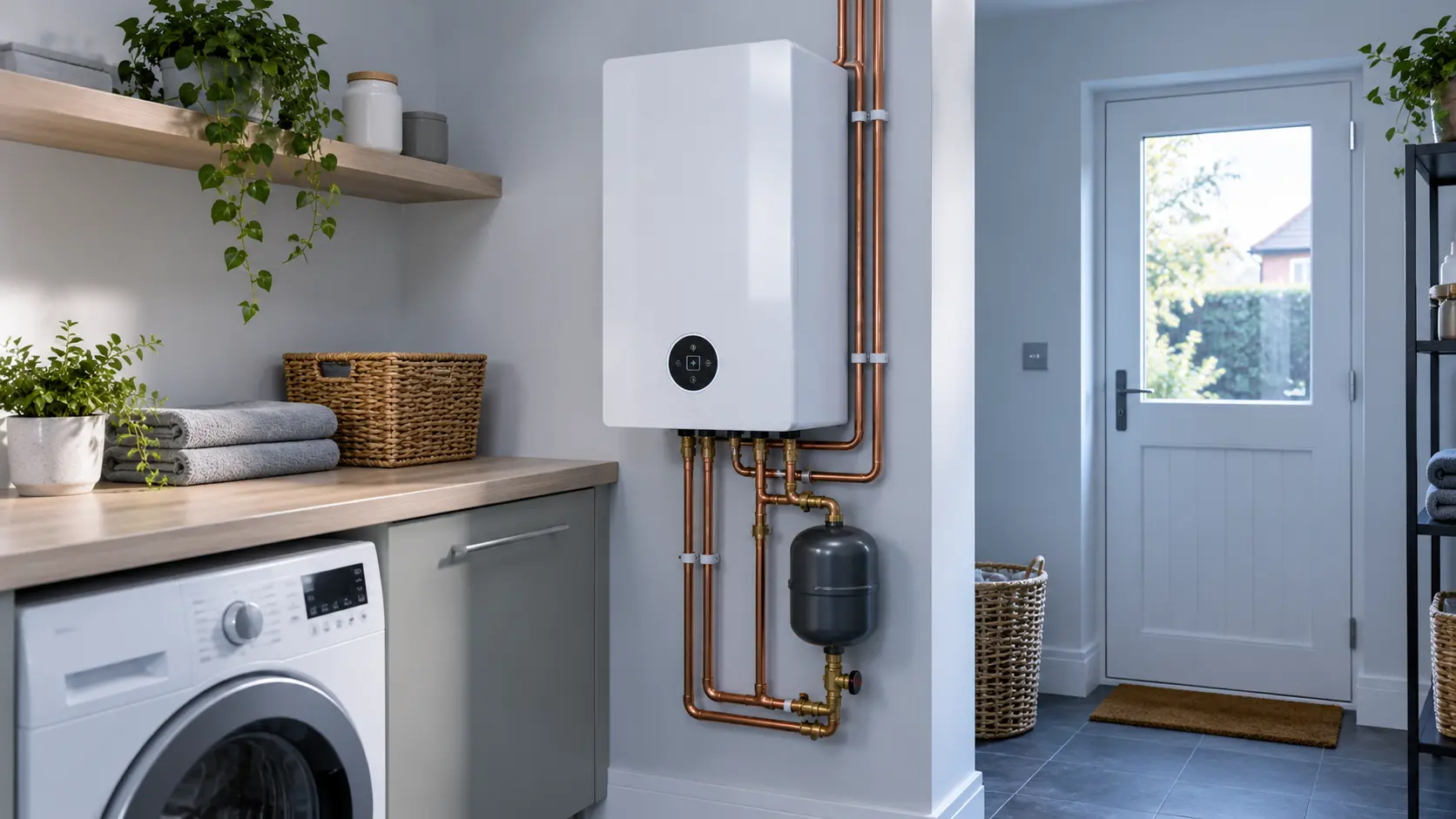 Compact boiler mounted on a utility room wall in a modern UK home